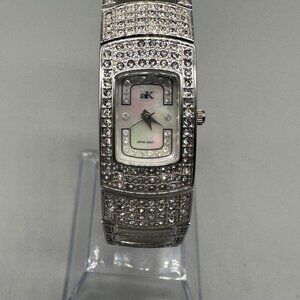 Adee Kaye Watch Women Silver Rhinestone Bracelet Mother of Pearl Dial Works 7"